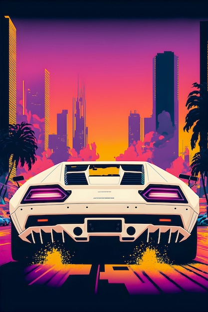 Carros e fundo da cidade desenhados à mão Ilustração de estilo futuro synthwave e estilo retrô