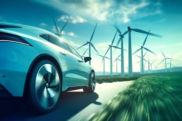 Carros elétricos a conduzir por moinhos de vento em estradas rurais