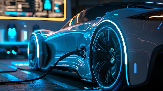 Carros esportivos elétricos futuristas carregando à noite luzes de néon refletindo sobre design elegante inovação automotiva ecológica IA