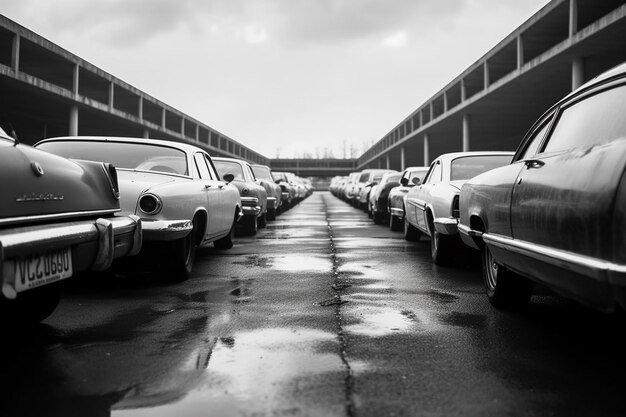 Foto carros estacionados em seguido em um estacionamento com um fundo do céu generativo ai