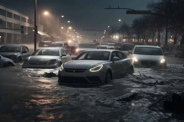 carros estão dirigindo através de uma rua inundada à noite