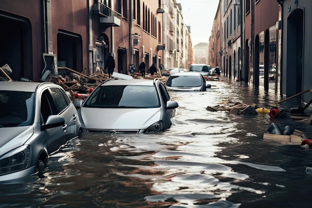 Foto carros flutuantes na água durante inundações em uma aldeia europeia com rua lavada