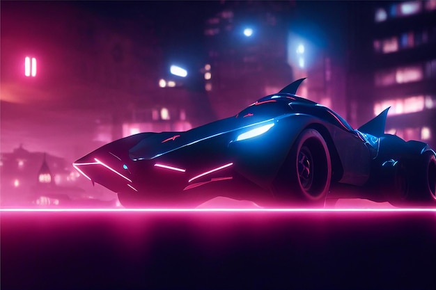 Carros futuristas estilo morcego com iluminação volumétrica épica cidade de néon apocalipse IA generativa
