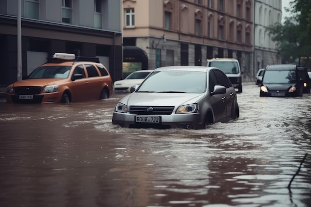 Carros inundados na rua da cidade