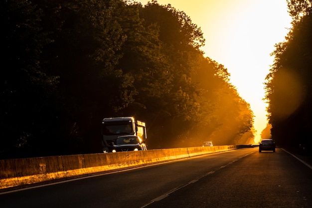 Carros na estrada por árvores contra o céu durante o pôr do sol