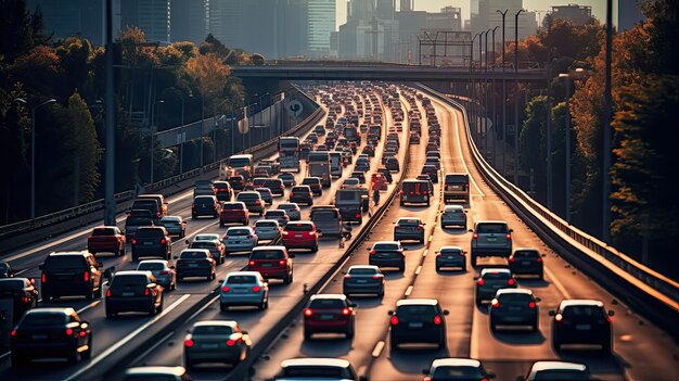 Carros que ficam em engarrafamento na rodovia no conceito de traço de carbono do aquecimento global ao pôr do sol