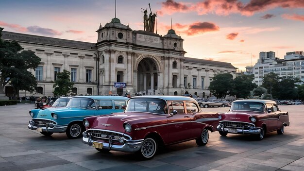 Foto carros retro clássicos chevrolet em diferentes cores brilhantes estão estacionados em frente ao museu nacional