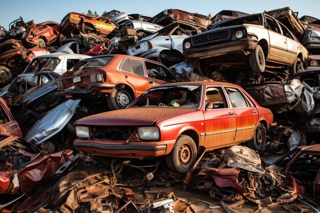 Carros velhos enferrujados com poluição ambiental em ferro-velho para reciclagem Resíduos de carros abandonados