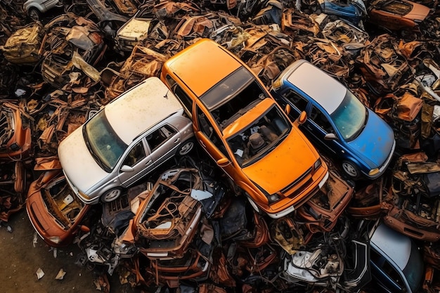 Foto carros velhos enferrujados com poluição ambiental em ferro-velho para reciclagem resíduos de carros abandonados