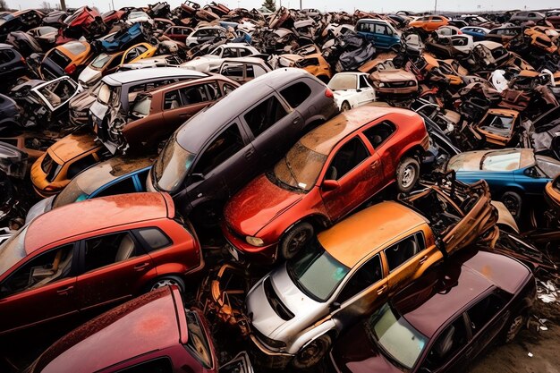 Foto carros velhos enferrujados com poluição ambiental no depósito de sucata para reciclagem resíduos de carros abandonados