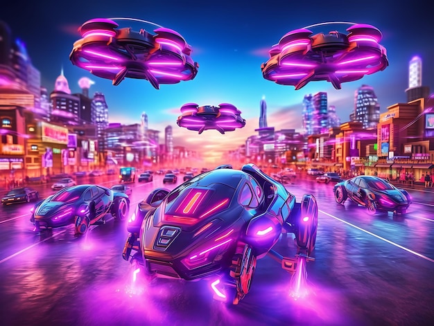 carros voadores em um mundo futurista Tecnologia Cyberpunk Ai Generative