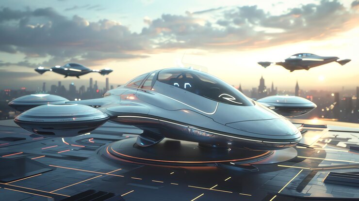 Foto carros voadores futuristas estacionados em uma plataforma de aterrissagem com uma paisagem urbana ao fundo