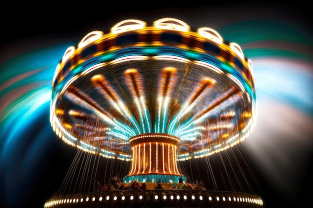 Carrossel de rotação rápida com iluminações de iluminação no parque de diversões criado com generative ai