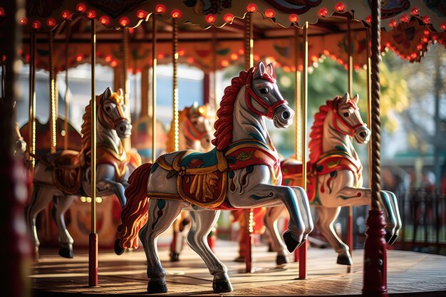 Foto carrossel infantil com cavalos em um parque de diversões