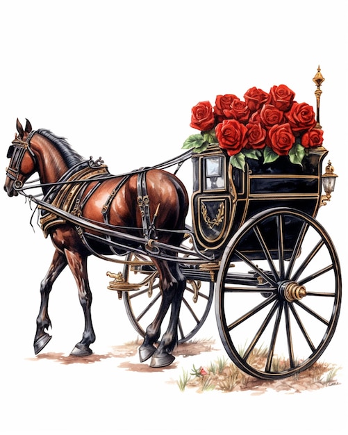 Carruagem com um cavalo e uma carruagem com rosas nela generativa ai