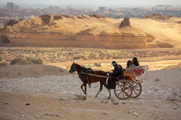 Carruagem de cavalos com pessoas perto das pirâmides egípcias giza cairo egito
