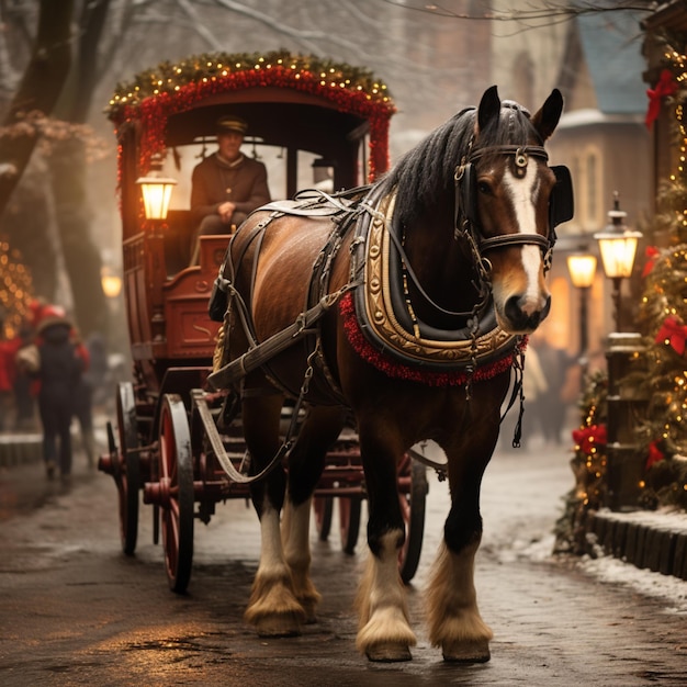 carruagem decorada de férias puxada por cavalo através da cidade ai imagem gerada