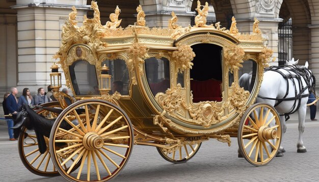 Un carruaje con adornos dorados y adornos dorados y las palabras "boda real" en la parte superior.