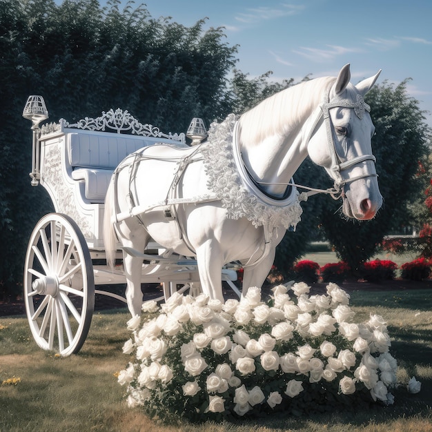 Carruaje blanco elegante enjaezado por caballos blancos decorados con flores de boda