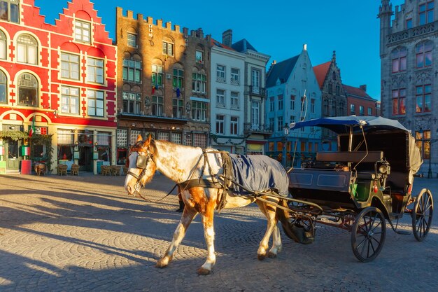 Carruaje de caballos y turistas en las calles de Brujas, Navidad