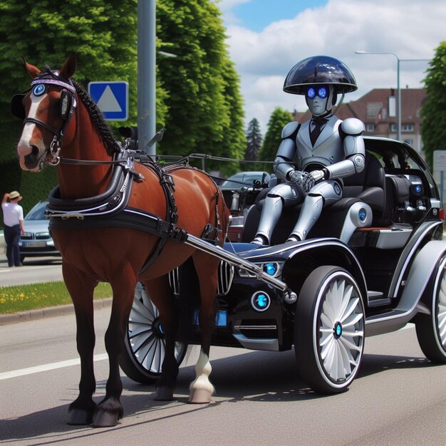 Foto carruaje de lujo punk conducido por un mayordomo robot tirado por un caballo falso de la escena del futuro distópico