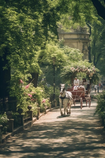 Foto un carruaje tirado por un caballo está bajando por un camino con un caballo y un carro