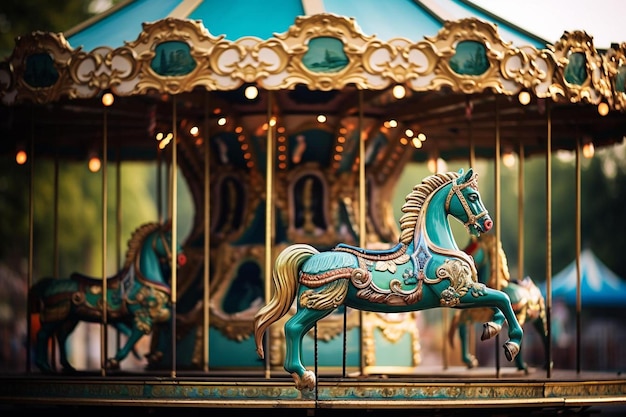 un carrusel con un caballo azul en él que dice " la palabra " en él.