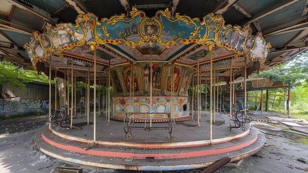 Un carrusel en un parque de atracciones abandonado El carrusel está hecho de madera y metal y está pintado en colores brillantes