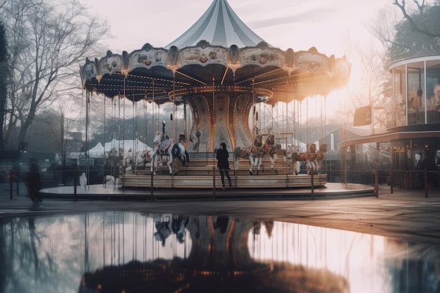 Carrusel en el parque de la ciudad Hermosa imagen de ilustración AI generativa