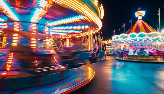 Foto los carruseles en movimiento por la noche