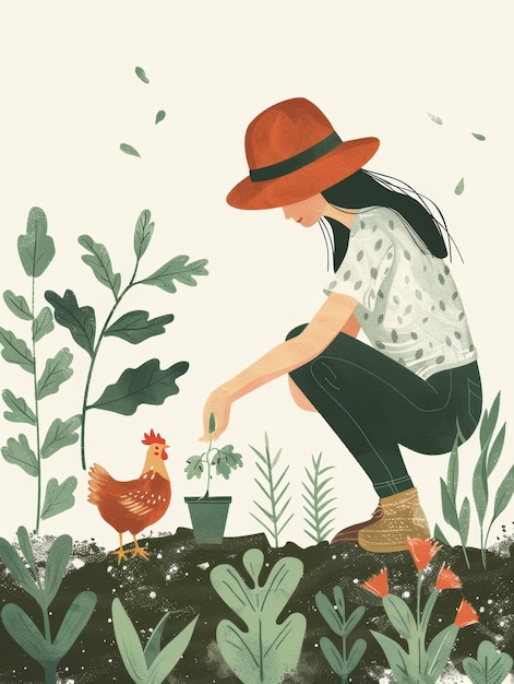 Foto carta de afirmación mujer jardinería con pollo mascota ia generativa