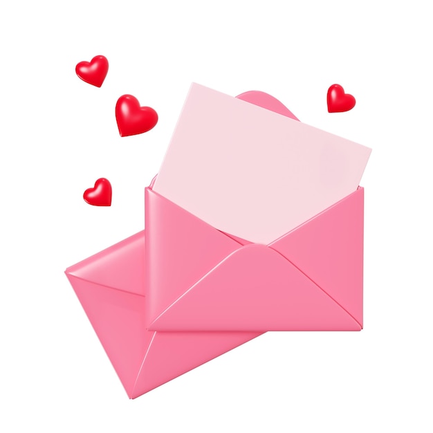 Carta de amor 3d render sobre rosa cerrado y abierto con tarjeta de papel y decoración de corazón rojo