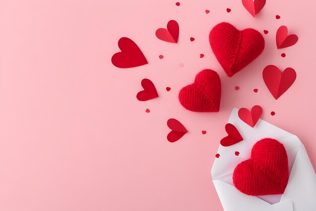 Foto carta de amor del día de san valentín con sobre de corazón rojo sobre fondo rosa