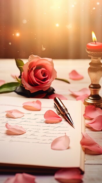 Una carta de amor con una hermosa pluma y un sello del corazón en el escritorio