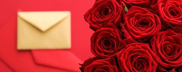 Carta de amor y servicio de entrega de flores en el Día de San Valentín ramo de rosas rojas y sobres de tarjetas de fondo rojo