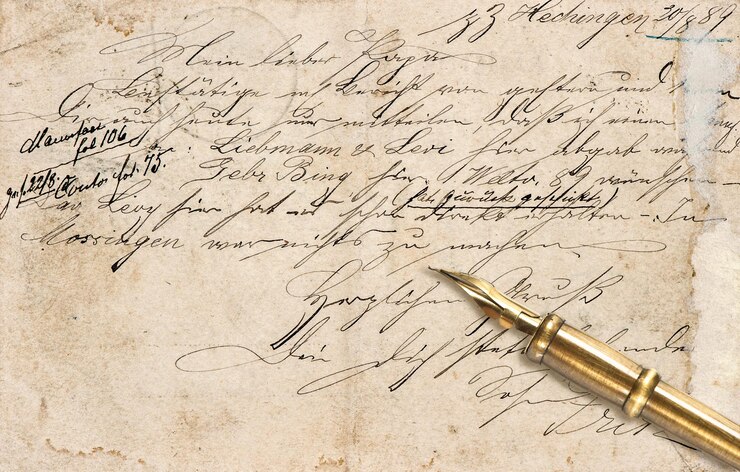Foto carta antiga com texto caligráfico escrito à mão e caneta de tinta vintage
