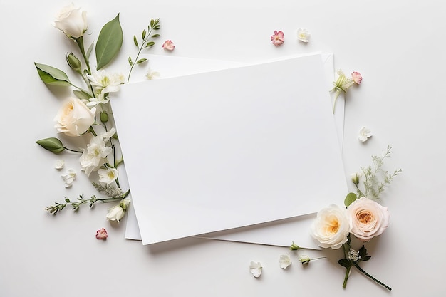 Carta branca modelo de cartão de saudação em fundo branco carta de amor romântica convite com flores copiar espaço para o texto