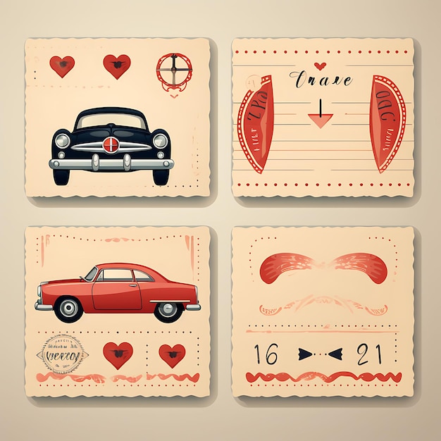 Carta de Amor de Carro Clássico Colorido Projeto de Carro Retro Papel Material v Decoração de Arte Ilustração plana2D