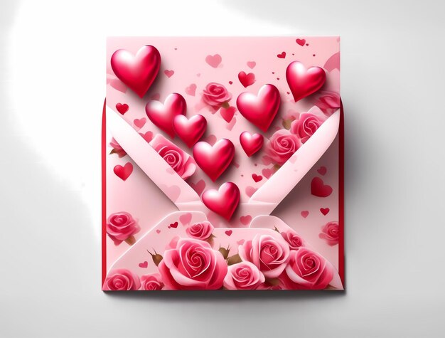 Foto carta de amor desdobrando envelope rosa com rosas e flores vermelhas em fundo branco