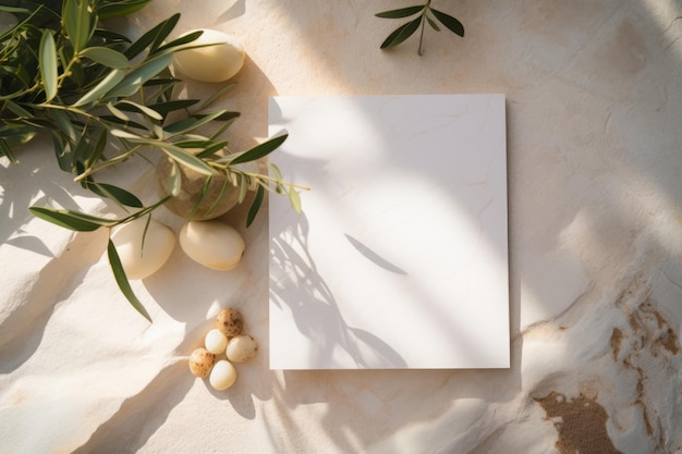 Foto carta de saudação em branco, convite, envelope e azeite de oliva