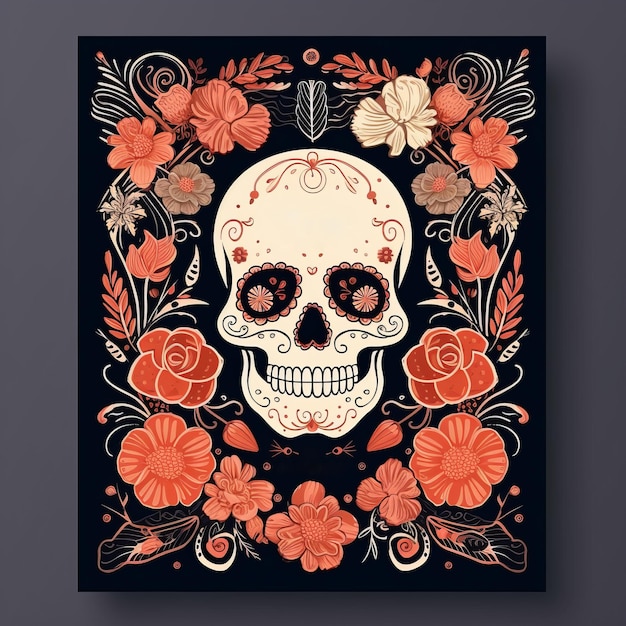 Carta del Día de los Muertos en estilo plano Cráneo humano con colores brillantes