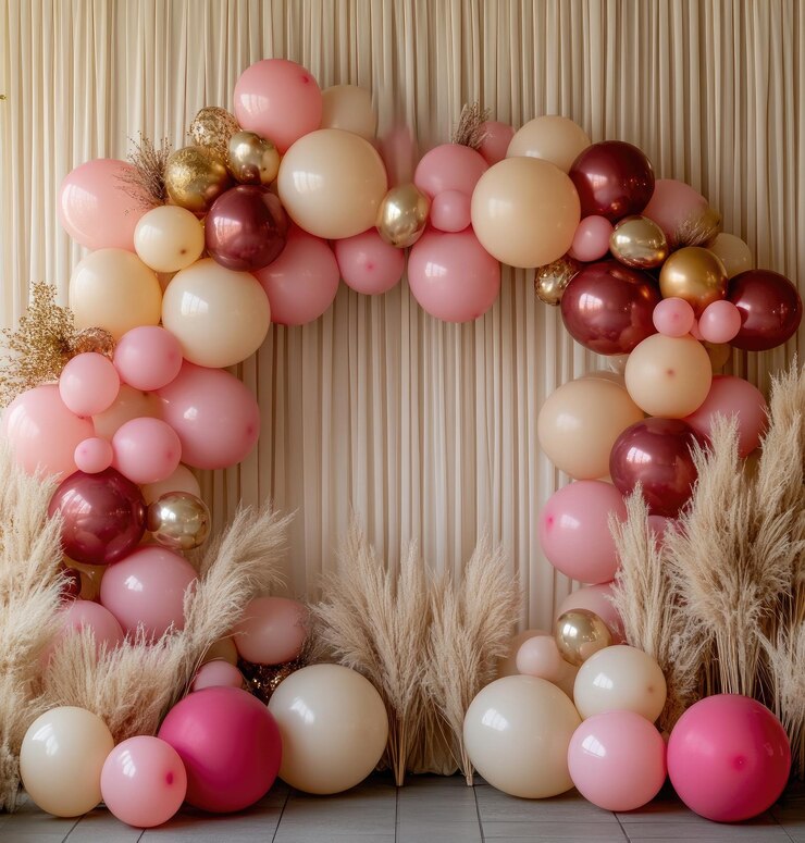 una carta hecha de globos y decoraciones en un fondo de madera