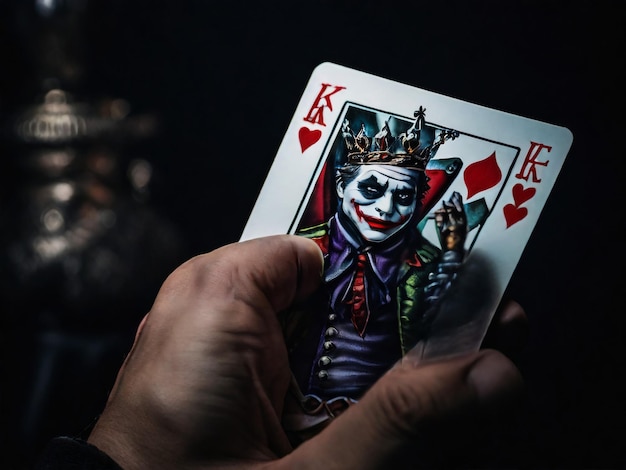 Foto una carta de joker en un fondo negro en primer plano la mano del hombre sostiene una carta de juego joker de un cuervo