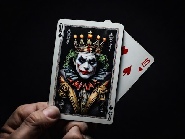 Una carta de Joker en un fondo negro en primer plano La mano del hombre sostiene una carta de juego Joker de un cuervo