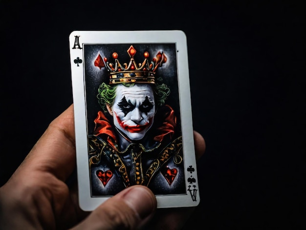 Una carta de Joker en un fondo negro en primer plano La mano del hombre sostiene una carta de juego Joker de un cuervo