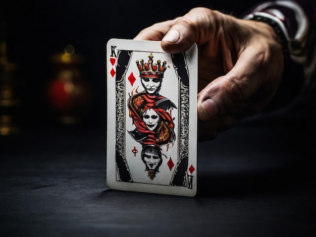 Una carta de Joker en un fondo negro en primer plano La mano del hombre sostiene una carta de juego Joker de un cuervo