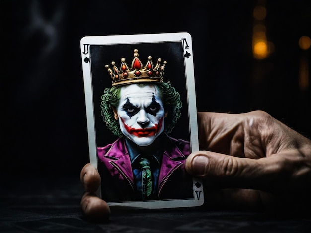 Foto una carta de joker en un fondo negro en primer plano la mano del hombre sostiene una carta de juego joker de un cuervo