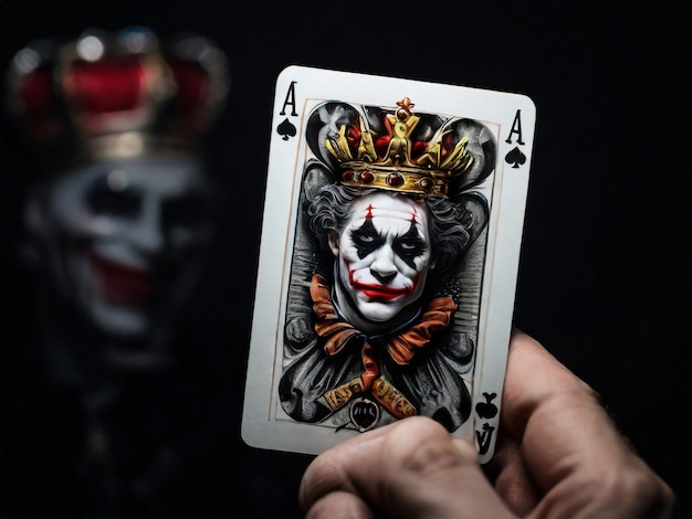 Una carta de Joker en un fondo negro en primer plano La mano del hombre sostiene una carta de juego Joker de un cuervo