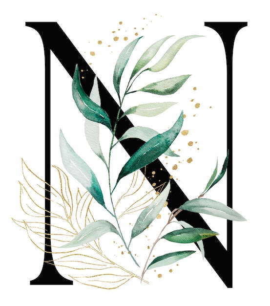 Foto carta negra n con hojas y ramitas de acuarela verdes y doradas ilustración aislada alfabeto elemento de verdor para papelería de boda y tarjetas de felicitación