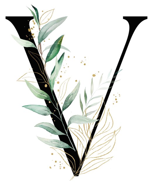 Foto carta negra v con hojas y ramitas de acuarela verdes y doradas ilustración aislada alfabeto